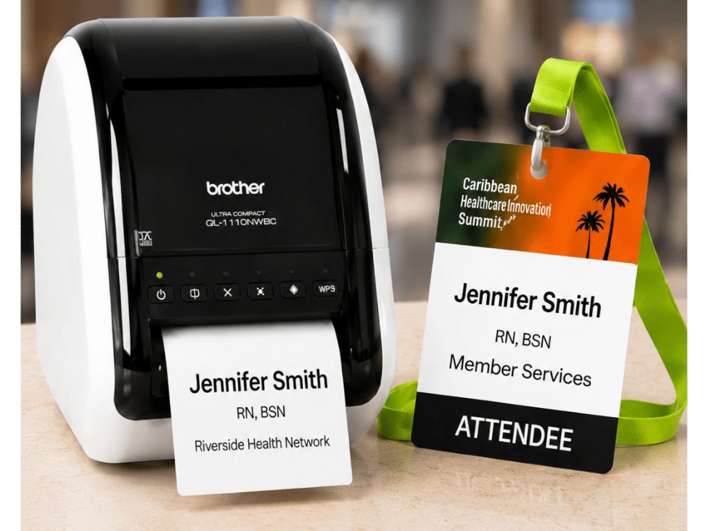 Onsite badge printer and printed attendee badges